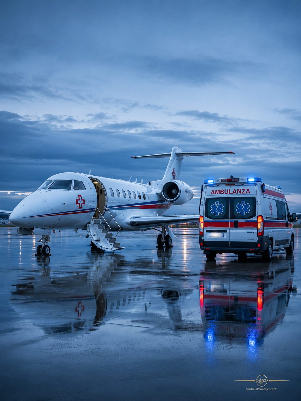 Jet sanitario con la croce rossa sulla fusoliera e l’ambulanza accostata, sul piazzale bagnato