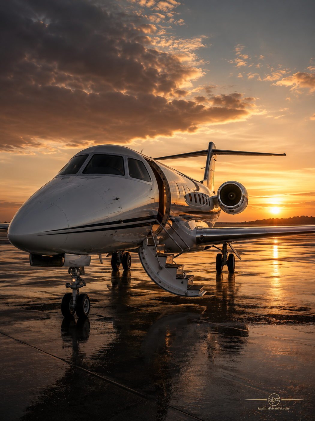 Jet privato fermo sul piazzale al tramonto, scaletta abbassata e nessun passeggero a bordo