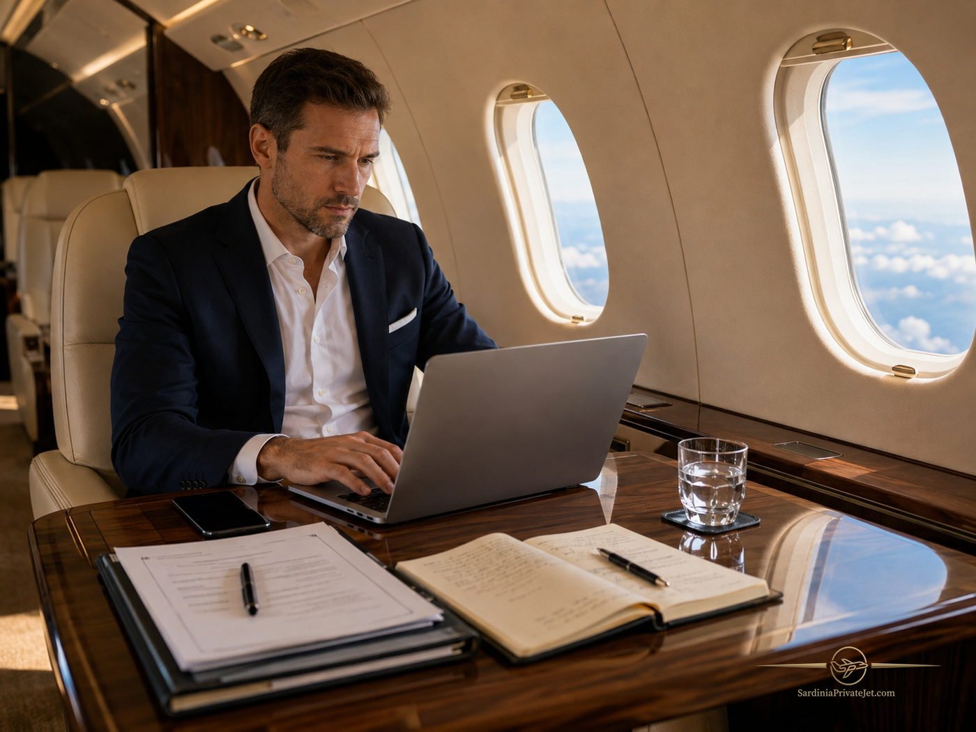 Passeggero al lavoro sul tavolino di un jet privato, computer aperto e agenda, luce naturale dai finestrini
