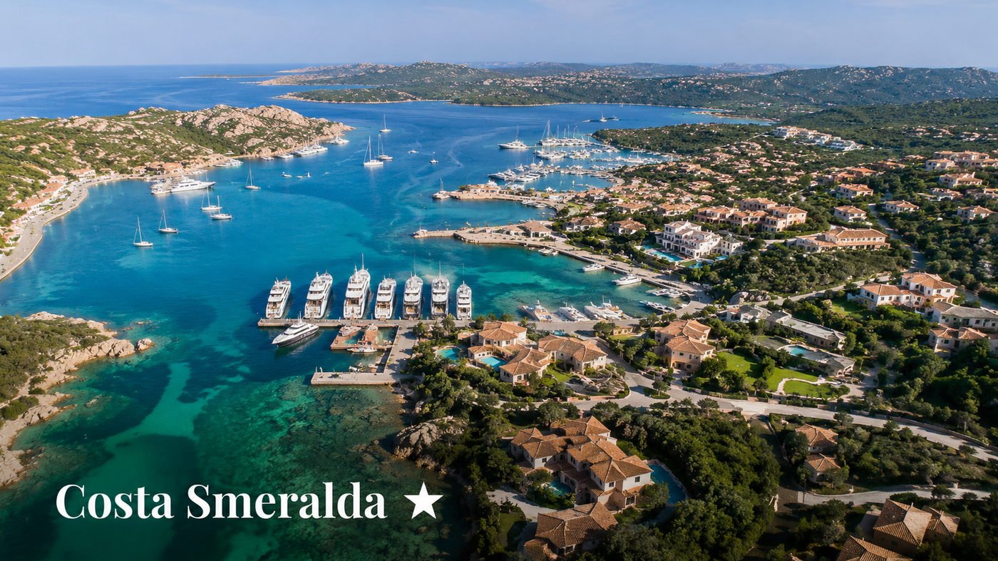 Costa Smeralda vista dall’alto: baia con barche alla fonda, acqua turchese e la costa verde