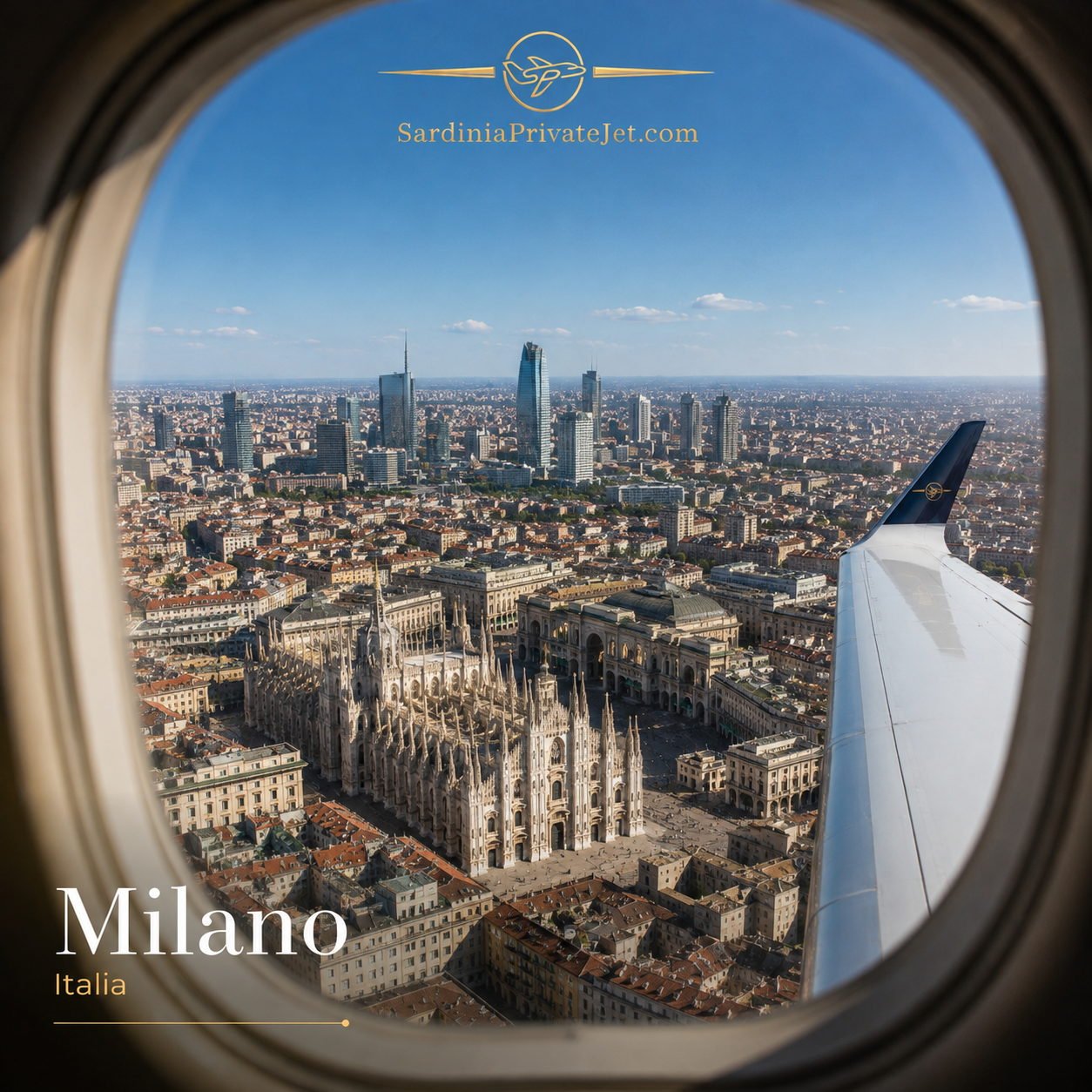 Milano vista dal finestrino: il Duomo e i grattacieli, con l’ala in primo piano