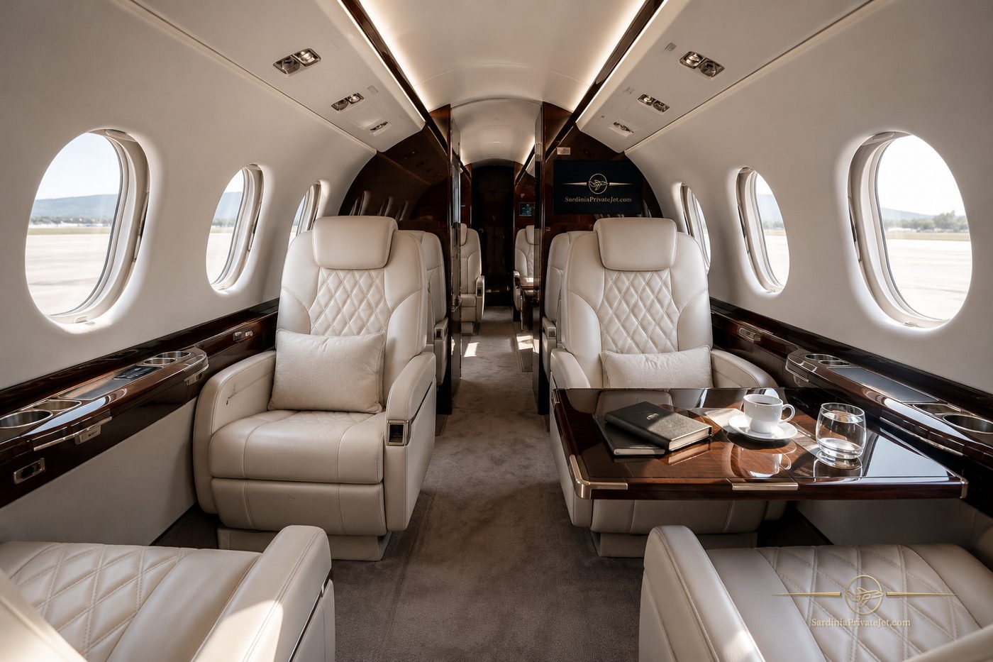 Interno di una cabina di jet privato con poltrone in pelle chiara una di fronte all’altra