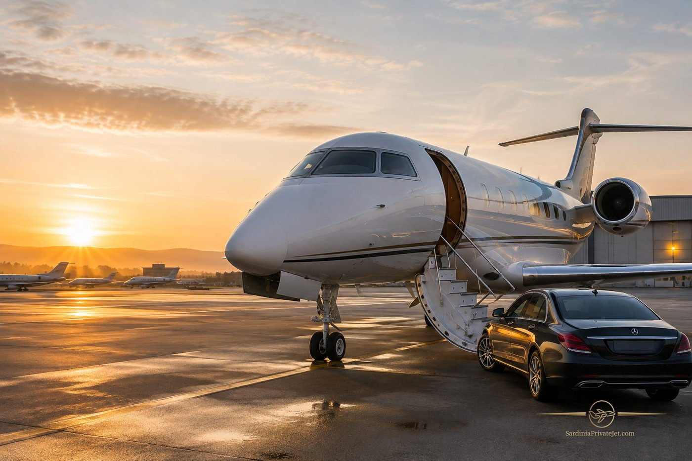 Jet privato e auto scura sul piazzale, il sole basso all’orizzonte