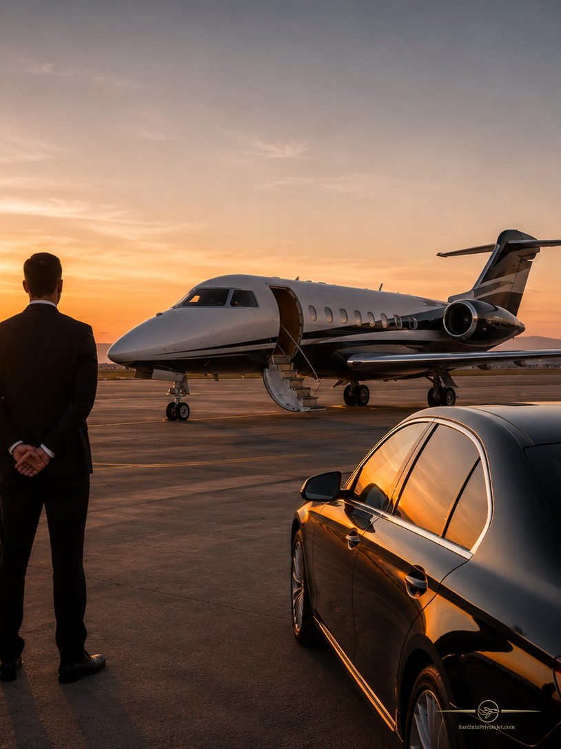 Jet privato sul piazzale al tramonto con l’auto scura accanto e una persona che attende