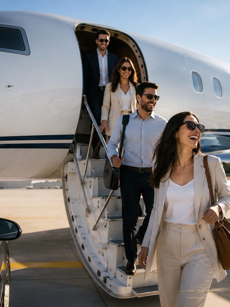 Un gruppo di persone scende sorridendo dalla scaletta di un jet privato, con l’auto ad attenderli