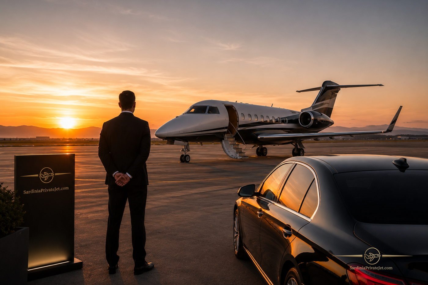 Jet privato fermo sul piazzale al tramonto con l'auto scura accanto