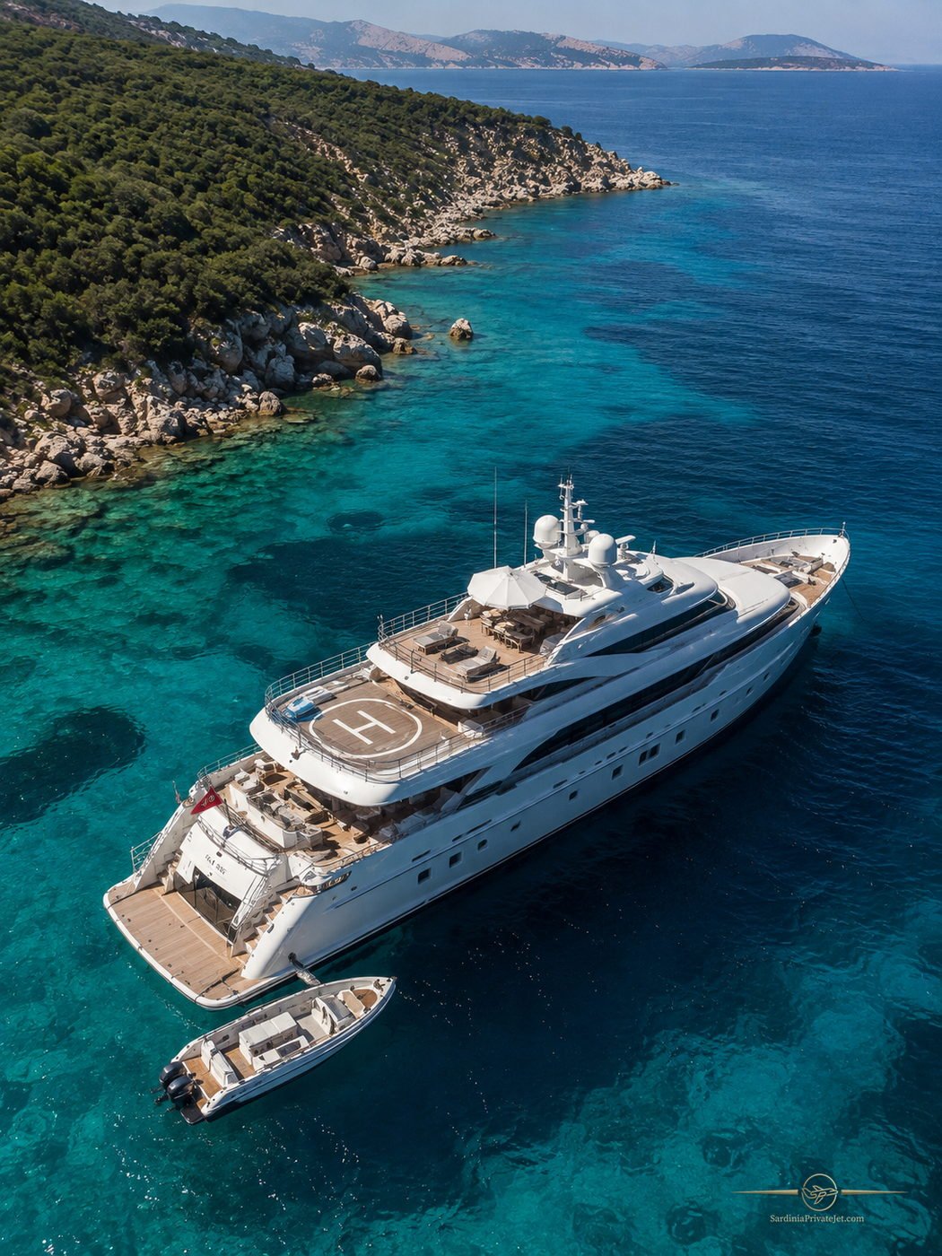 Yacht a motore visto dall’alto in mare aperto, con il tender accostato a poppa